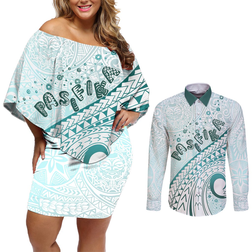 Pasifika Festival Couples Matching Off Shoulder Short Dress and Long Sleeve Button Shirt Tribal Pattern Teal Version LT01 Teal - Polynesian Pride