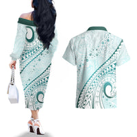 Pasifika Festival Couples Matching Off The Shoulder Long Sleeve Dress and Hawaiian Shirt Tribal Pattern Teal Version LT01 - Polynesian Pride