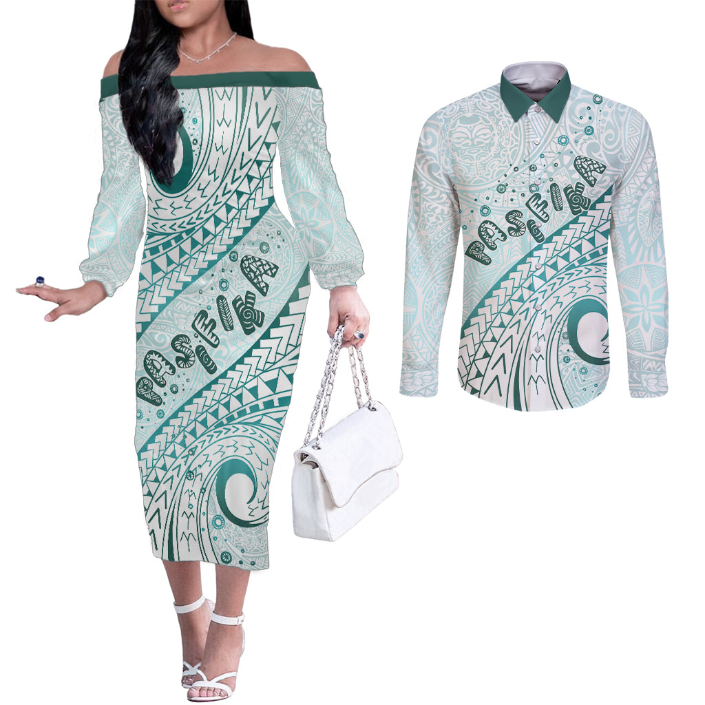 Pasifika Festival Couples Matching Off The Shoulder Long Sleeve Dress and Long Sleeve Button Shirt Tribal Pattern Teal Version LT01 Teal - Polynesian Pride
