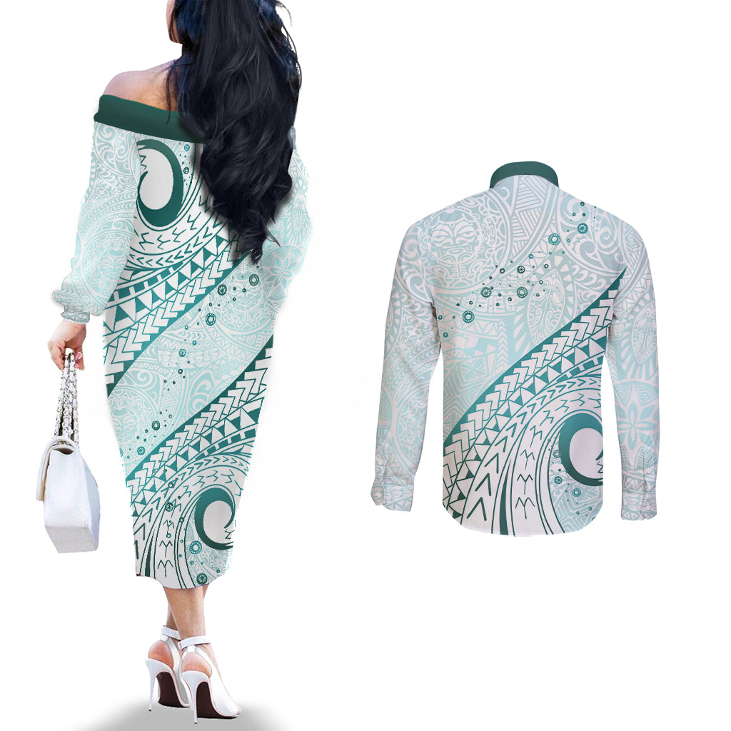 Pasifika Festival Couples Matching Off The Shoulder Long Sleeve Dress and Long Sleeve Button Shirt Tribal Pattern Teal Version LT01 - Polynesian Pride