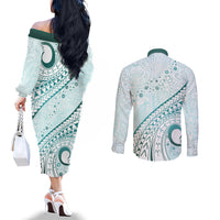Pasifika Festival Couples Matching Off The Shoulder Long Sleeve Dress and Long Sleeve Button Shirt Tribal Pattern Teal Version LT01 - Polynesian Pride