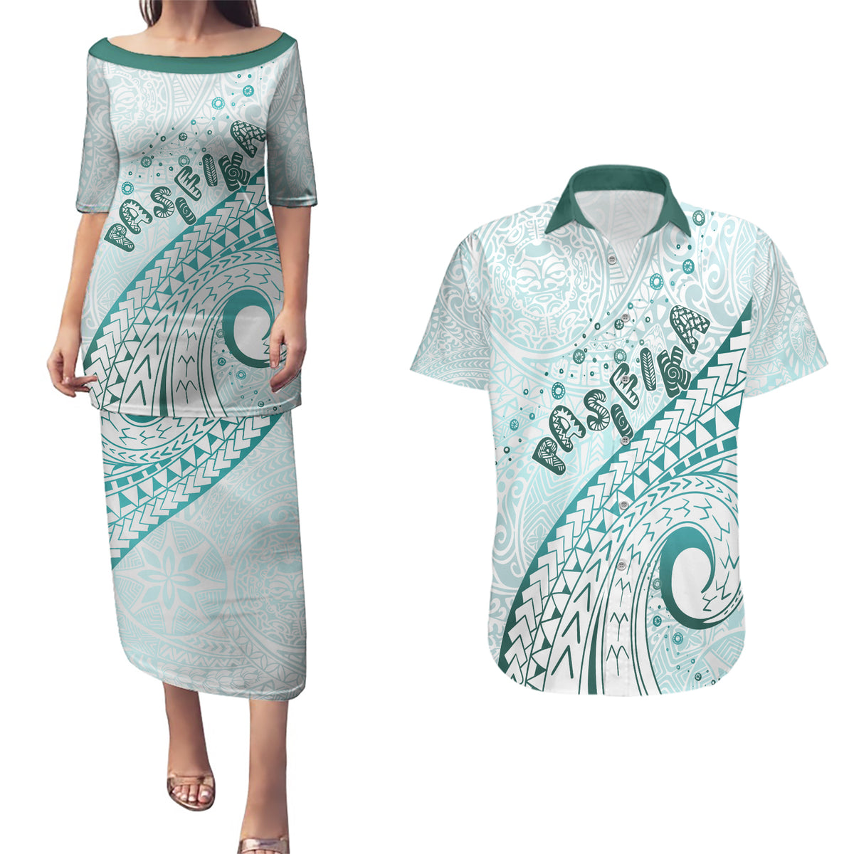 Pasifika Festival Couples Matching Puletasi and Hawaiian Shirt Tribal Pattern Teal Version LT01 Teal - Polynesian Pride