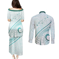 Pasifika Festival Couples Matching Puletasi and Long Sleeve Button Shirt Tribal Pattern Teal Version LT01 - Polynesian Pride
