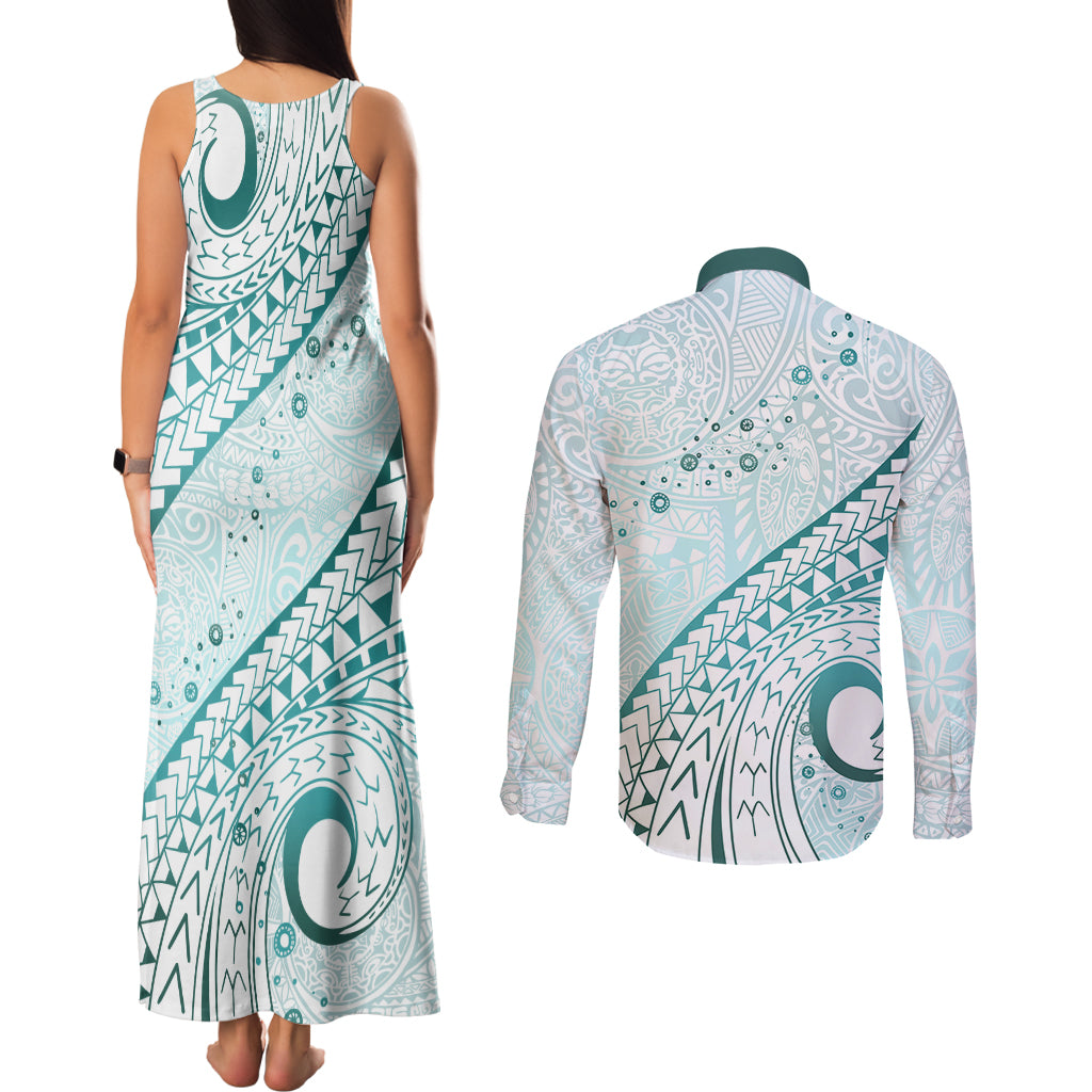 Pasifika Festival Couples Matching Tank Maxi Dress and Long Sleeve Button Shirt Tribal Pattern Teal Version LT01 - Polynesian Pride