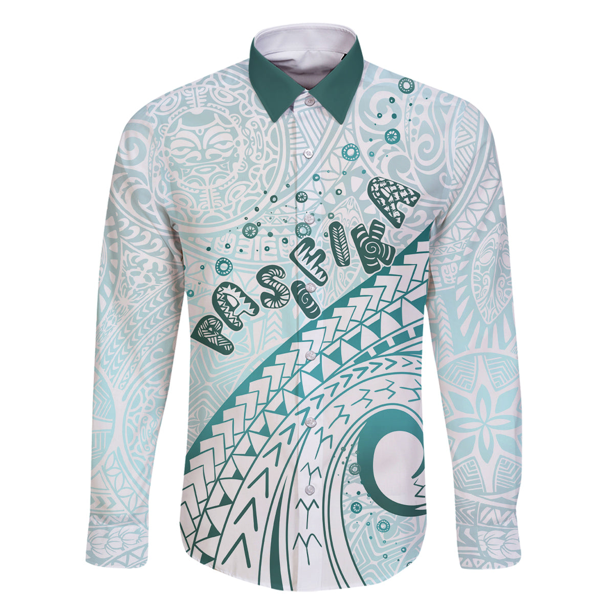 Pasifika Festival Family Matching Off Shoulder Long Sleeve Dress and Hawaiian Shirt Tribal Pattern Teal Version LT01 Dad's Shirt - Long Sleeve Teal - Polynesian Pride