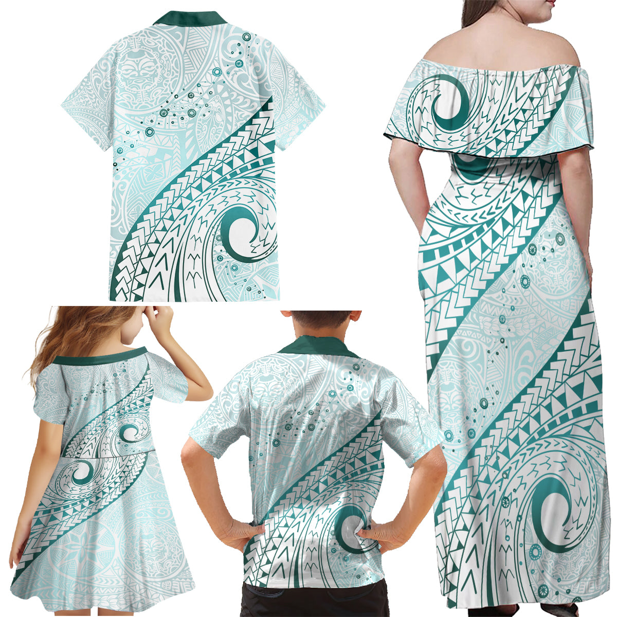 Pasifika Festival Family Matching Off Shoulder Maxi Dress and Hawaiian Shirt Tribal Pattern Teal Version LT01 - Polynesian Pride