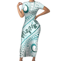 Pasifika Festival Family Matching Short Sleeve Bodycon Dress and Hawaiian Shirt Tribal Pattern Teal Version LT01 Mom's Dress Teal - Polynesian Pride