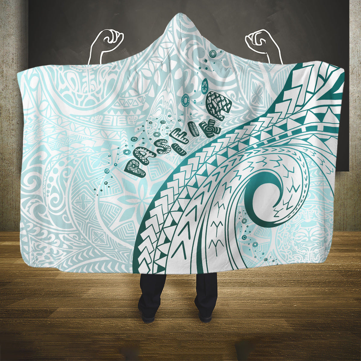 Pasifika Festival Hooded Blanket Tribal Pattern Teal Version