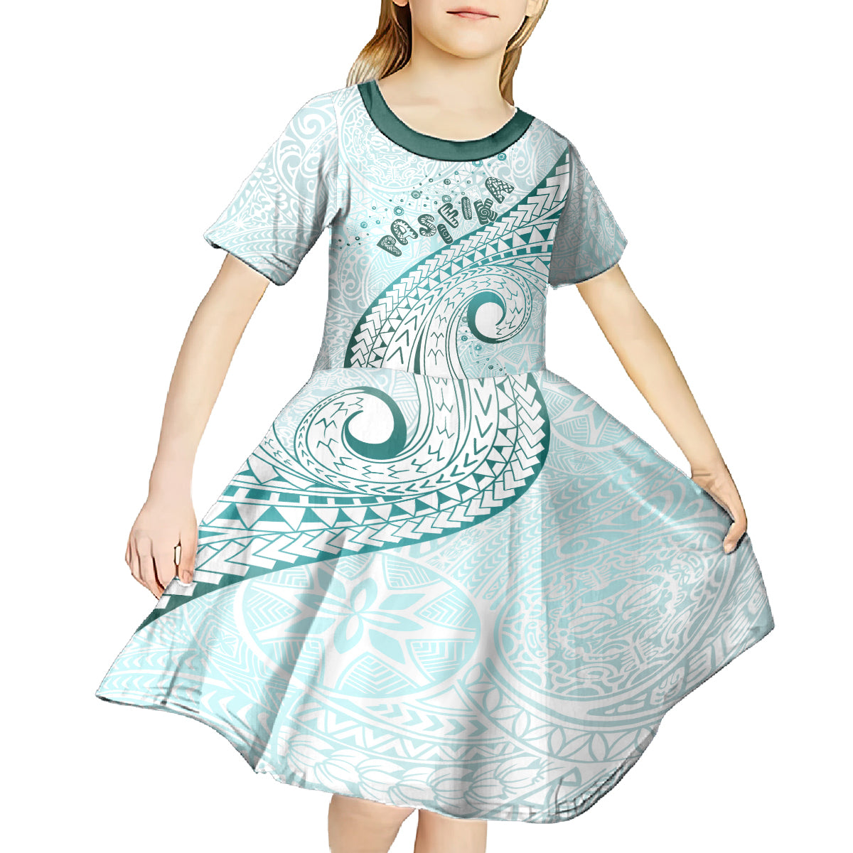 Pasifika Festival Kid Short Sleeve Dress Tribal Pattern Teal Version LT01 - Polynesian Pride