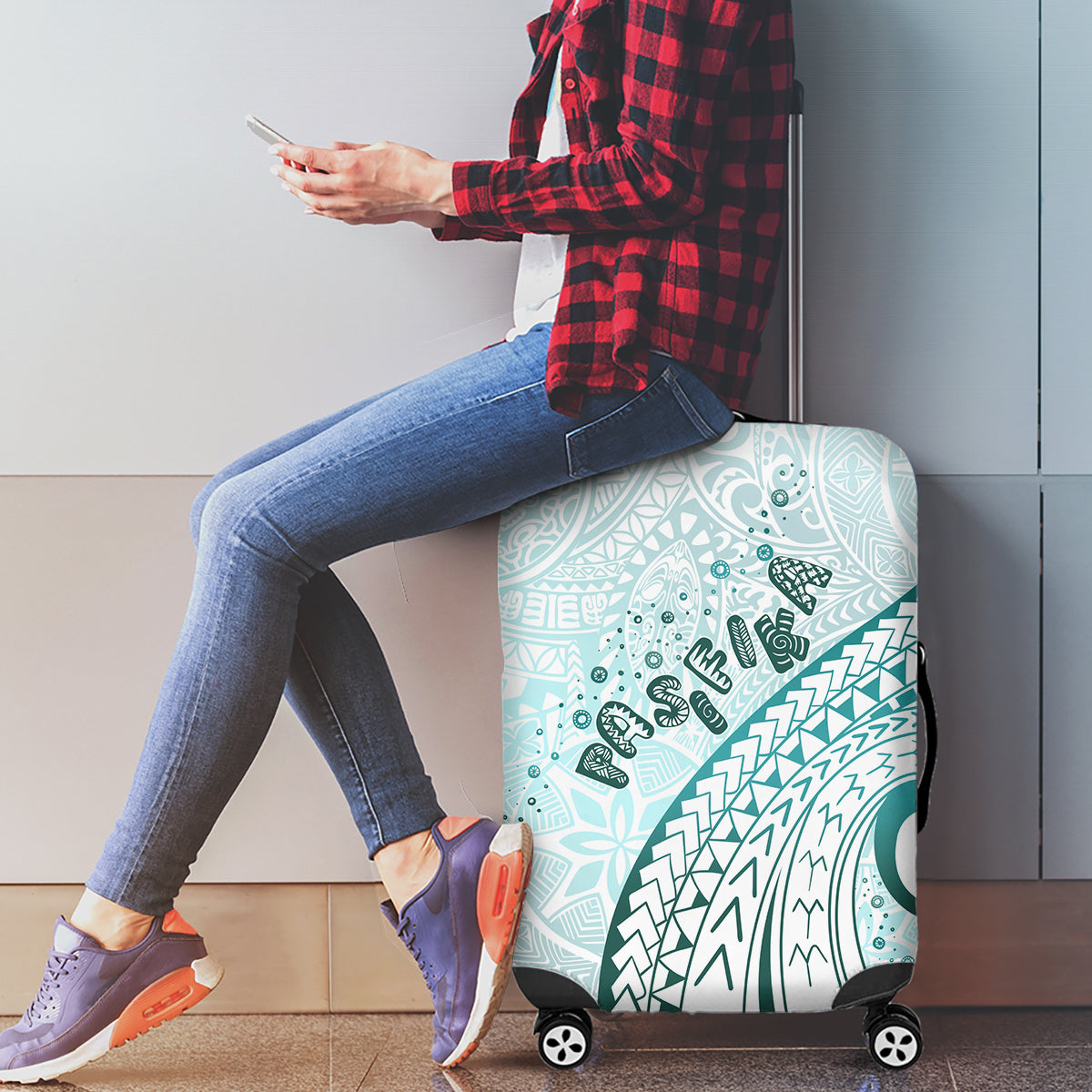 Pasifika Festival Luggage Cover Tribal Pattern Teal Version