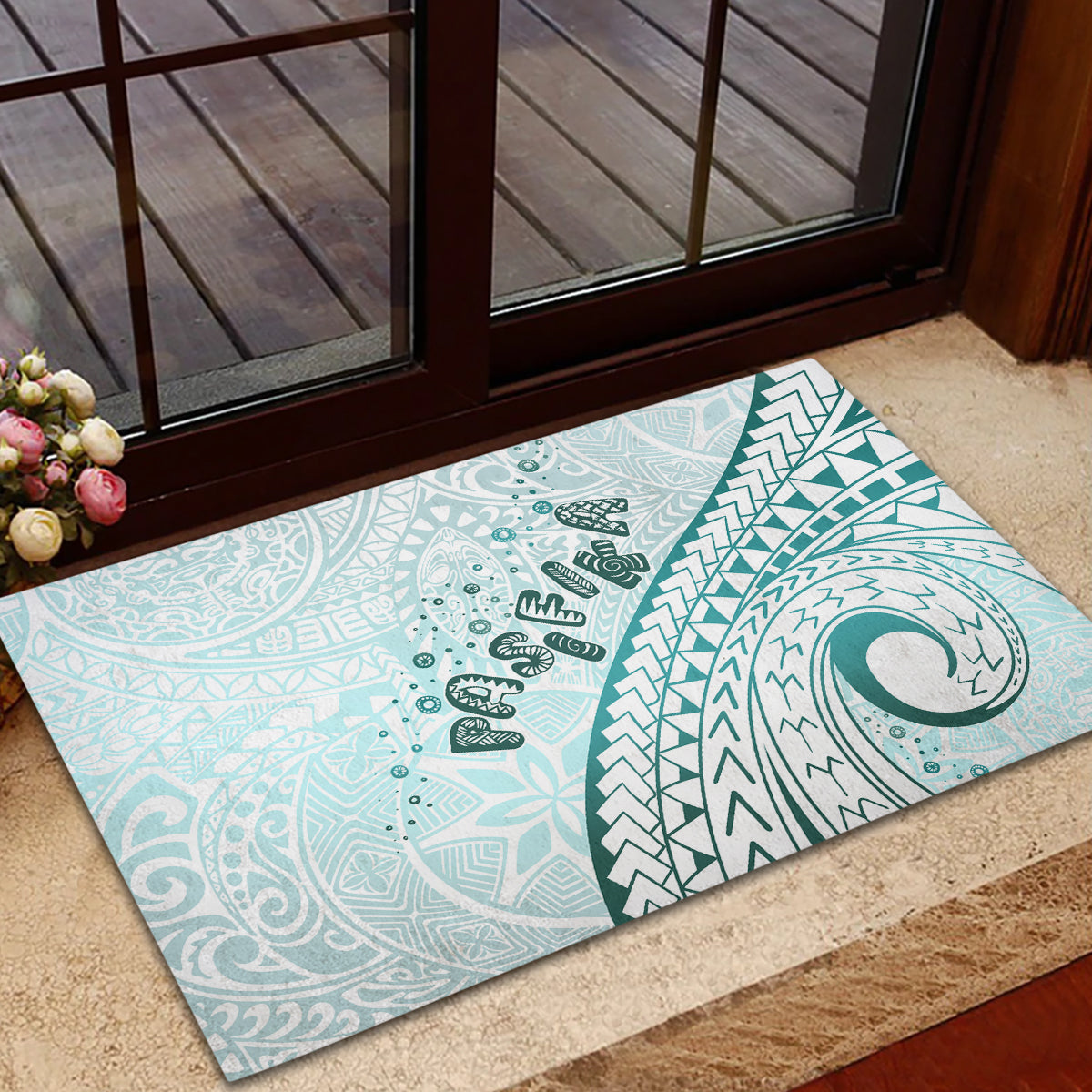 Pasifika Festival Rubber Doormat Tribal Pattern Teal Version