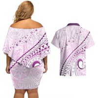 Pasifika Festival Couples Matching Off Shoulder Short Dress and Hawaiian Shirt Tribal Pattern Lilac Version LT01 - Polynesian Pride