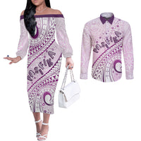 Pasifika Festival Couples Matching Off The Shoulder Long Sleeve Dress and Long Sleeve Button Shirt Tribal Pattern Lilac Version LT01 Purple - Polynesian Pride