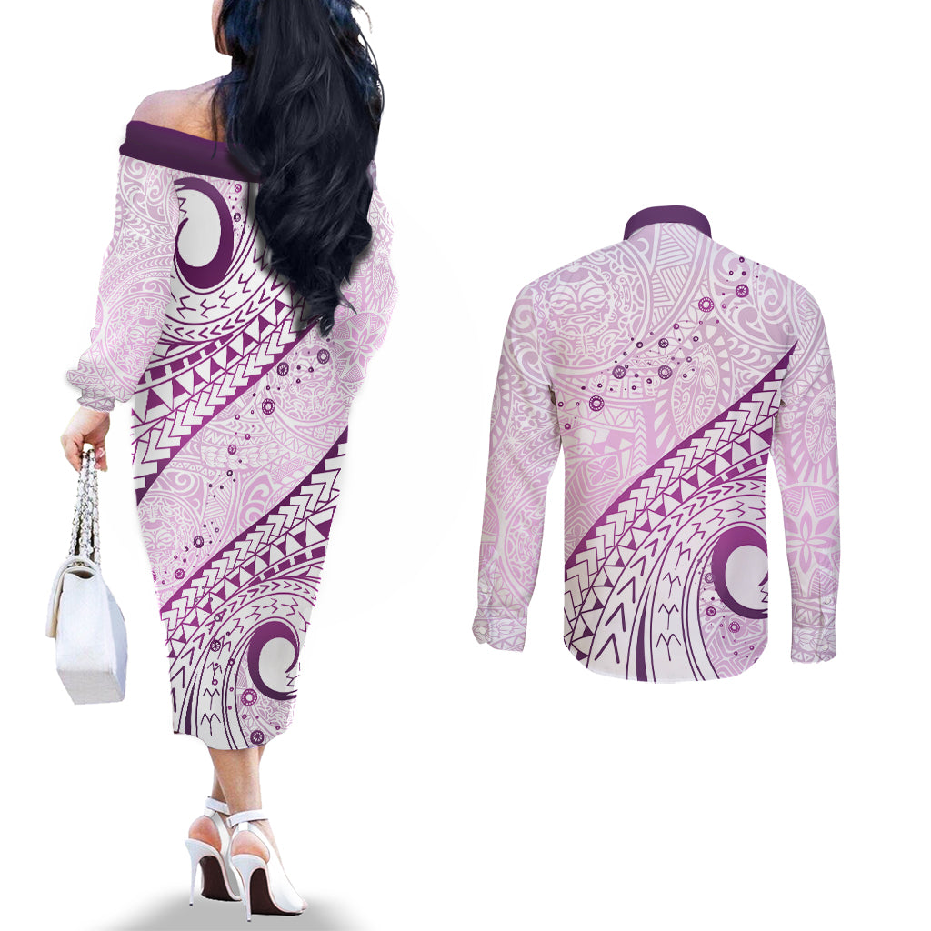 Pasifika Festival Couples Matching Off The Shoulder Long Sleeve Dress and Long Sleeve Button Shirt Tribal Pattern Lilac Version LT01 - Polynesian Pride