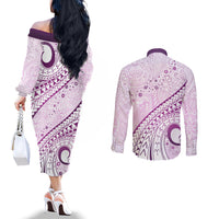 Pasifika Festival Couples Matching Off The Shoulder Long Sleeve Dress and Long Sleeve Button Shirt Tribal Pattern Lilac Version LT01 - Polynesian Pride