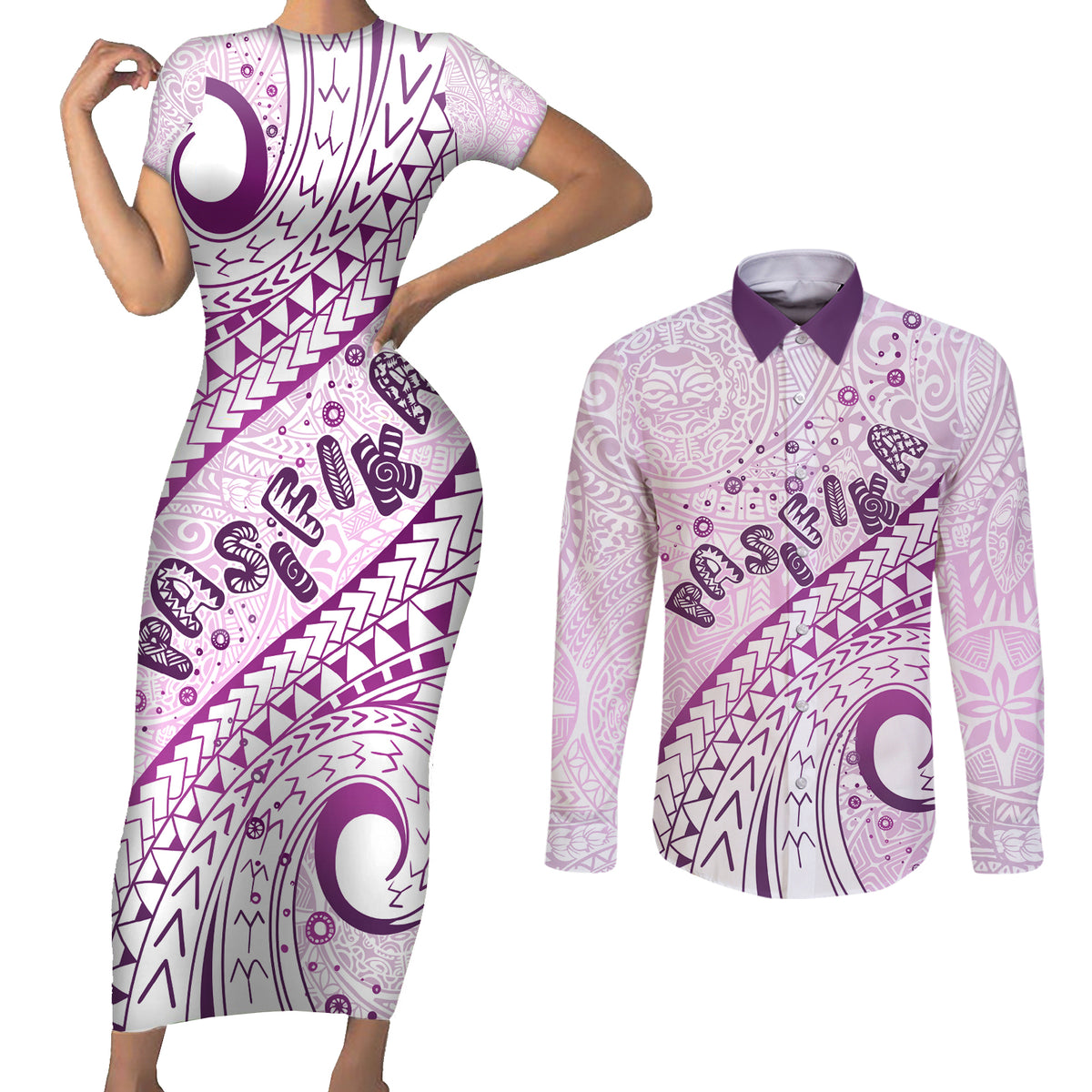 Pasifika Festival Couples Matching Short Sleeve Bodycon Dress and Long Sleeve Button Shirt Tribal Pattern Lilac Version LT01 Purple - Polynesian Pride