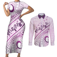 Pasifika Festival Couples Matching Short Sleeve Bodycon Dress and Long Sleeve Button Shirt Tribal Pattern Lilac Version LT01 Purple - Polynesian Pride