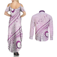 Pasifika Festival Couples Matching Summer Maxi Dress and Long Sleeve Button Shirt Tribal Pattern Lilac Version LT01 - Polynesian Pride