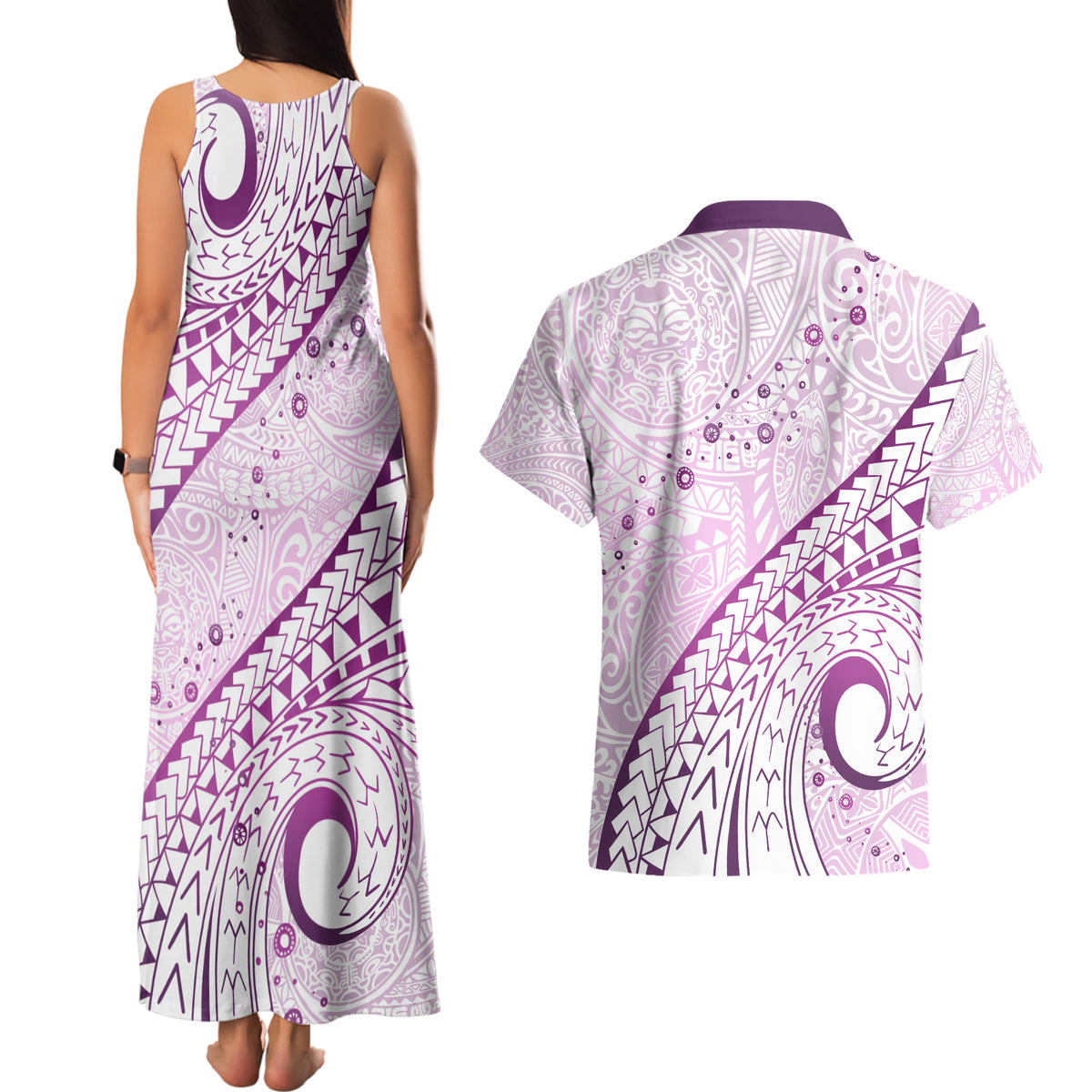 Pasifika Festival Couples Matching Tank Maxi Dress and Hawaiian Shirt Tribal Pattern Lilac Version LT01 - Polynesian Pride