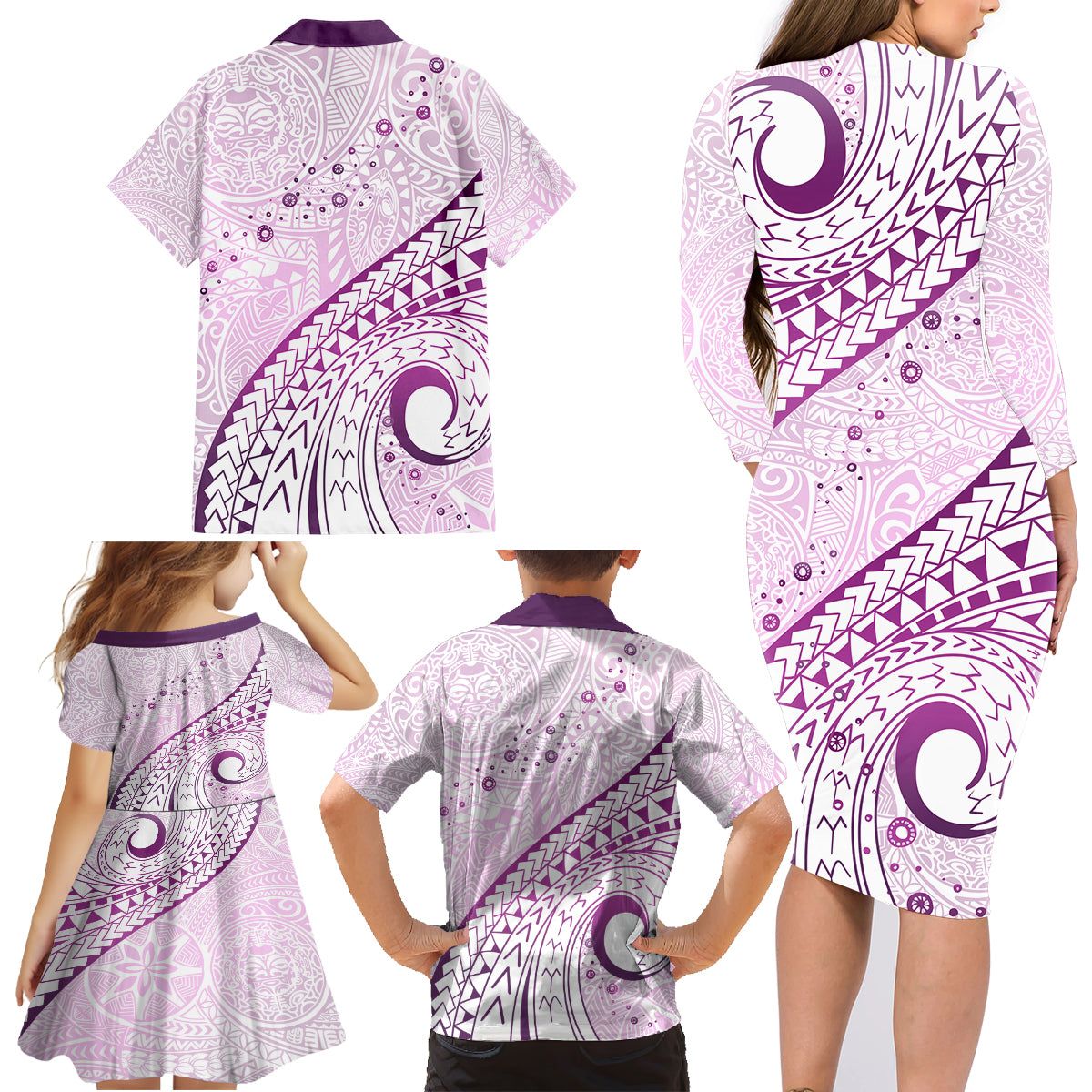 Pasifika Festival Family Matching Long Sleeve Bodycon Dress and Hawaiian Shirt Tribal Pattern Lilac Version LT01 - Polynesian Pride