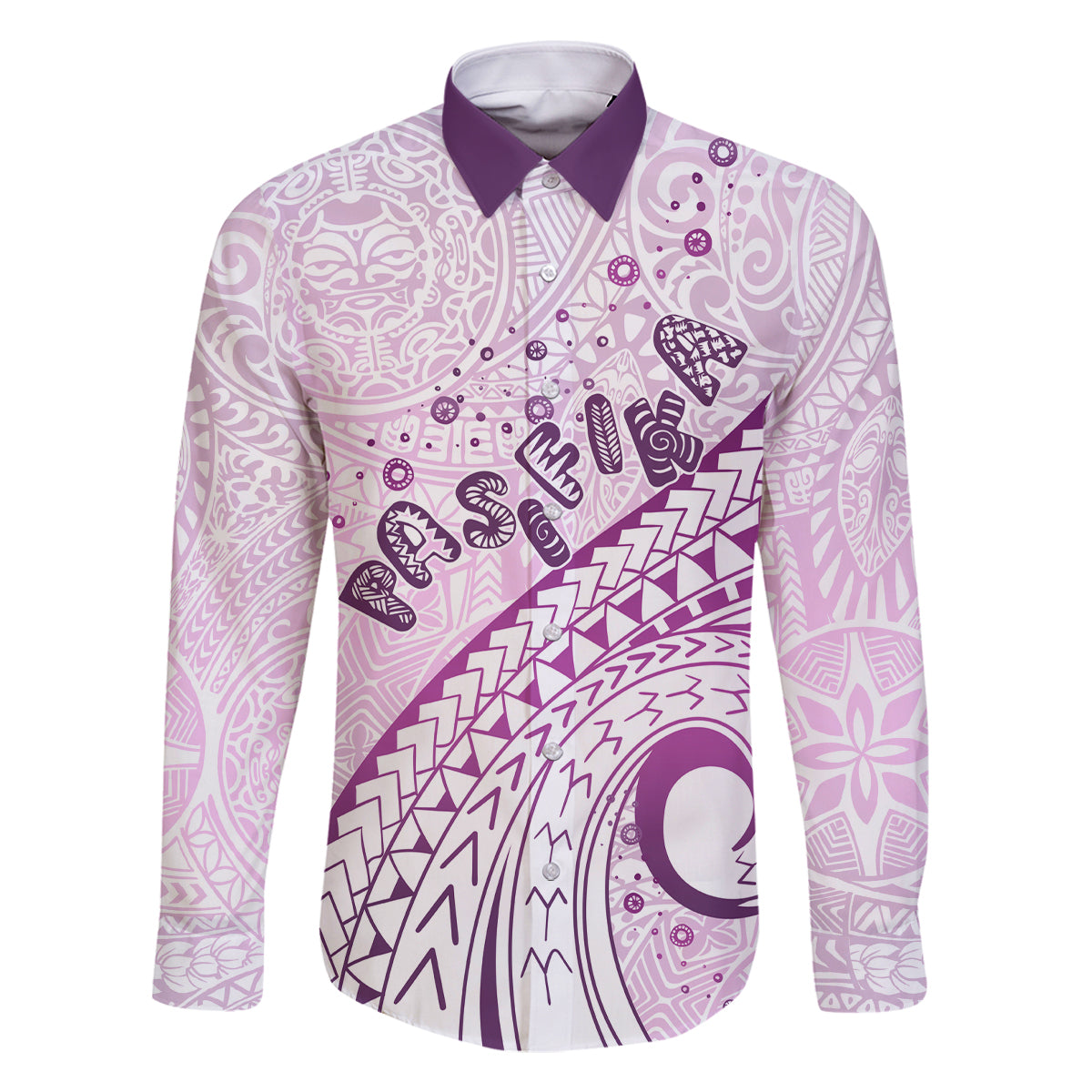 Pasifika Festival Family Matching Off Shoulder Maxi Dress and Hawaiian Shirt Tribal Pattern Lilac Version LT01 Dad's Shirt - Long Sleeve Purple - Polynesian Pride
