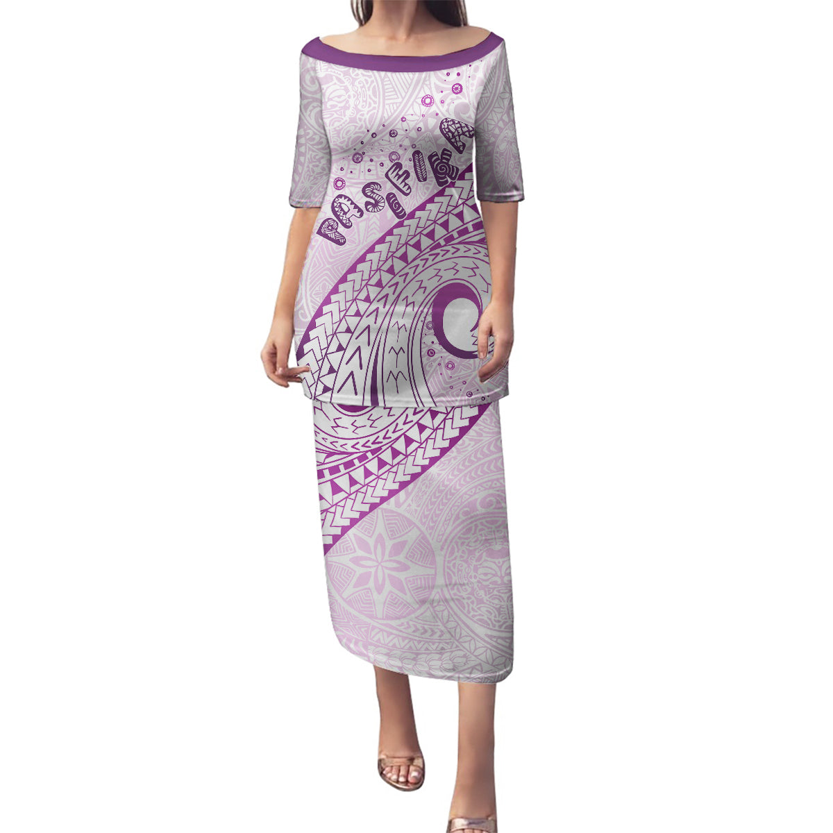 Pasifika Festival Family Matching Puletasi and Hawaiian Shirt Tribal Pattern Lilac Version LT01 Mom's Dress Purple - Polynesian Pride