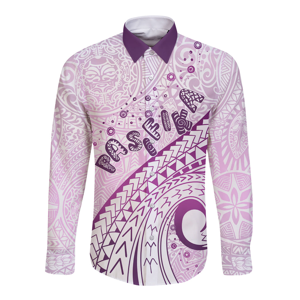 Pasifika Festival Long Sleeve Button Shirt Tribal Pattern Lilac Version LT01 Unisex Purple - Polynesian Pride