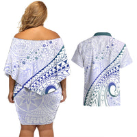 Pasifika Festival Couples Matching Off Shoulder Short Dress and Hawaiian Shirt Tribal Pattern Violet Version LT01 - Polynesian Pride