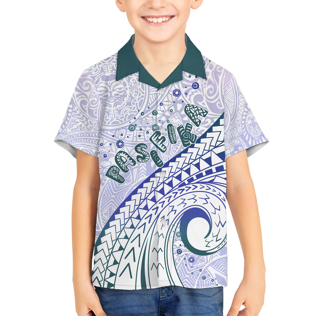 Pasifika Festival Family Matching Off Shoulder Long Sleeve Dress and Hawaiian Shirt Tribal Pattern Violet Version LT01 Son's Shirt Purple - Polynesian Pride