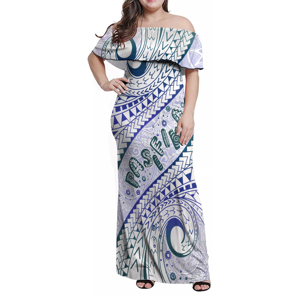 Pasifika Festival Family Matching Off Shoulder Maxi Dress and Hawaiian Shirt Tribal Pattern Violet Version LT01 Mom's Dress Purple - Polynesian Pride