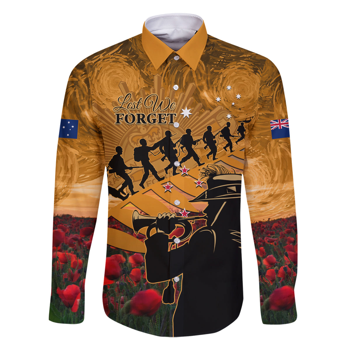 ANZAC Day 2024 Family Matching Off Shoulder Short Dress and Hawaiian Shirt Silver Fern With A Trumpet Soldier LT01 Dad's Shirt - Long Sleeve Art - Polynesian Pride