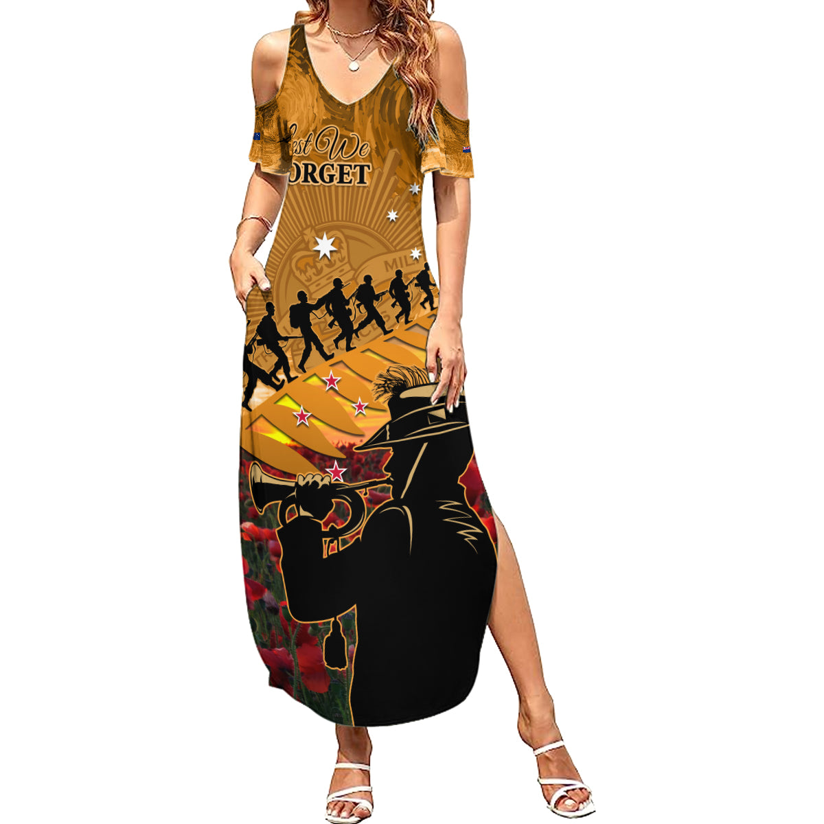 ANZAC Day 2024 Summer Maxi Dress Silver Fern With A Trumpet Soldier LT01 Women Art - Polynesian Pride