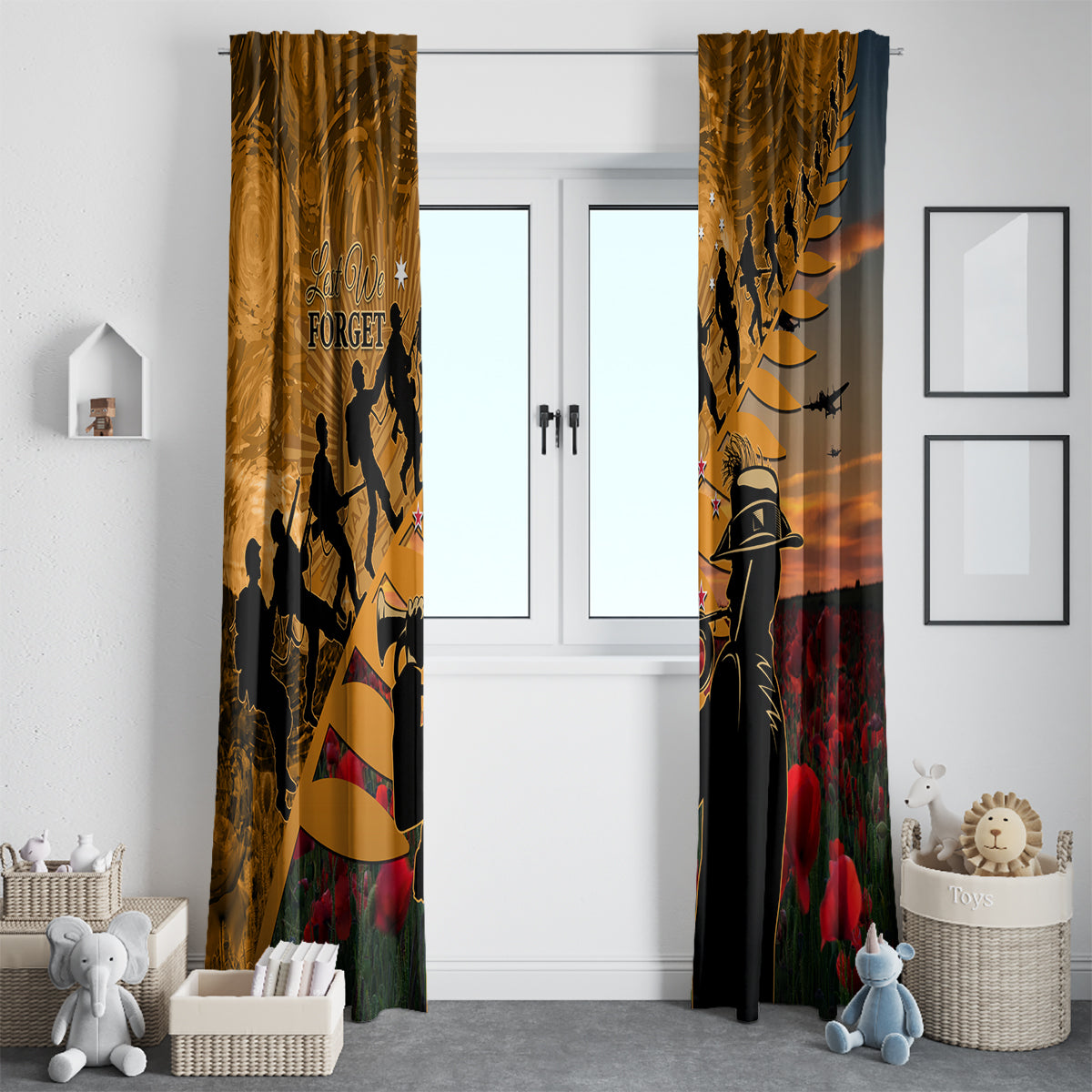 ANZAC Day 2024 Window Curtain Silver Fern With A Trumpet Soldier