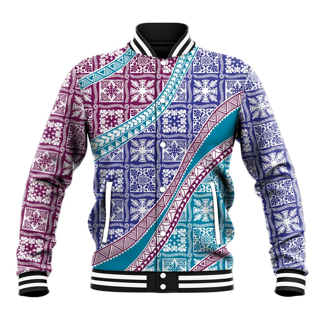 Hawaiian Quilt Pattern Baseball Jacket Purple Blue Color Mixed - Polynesian Pride