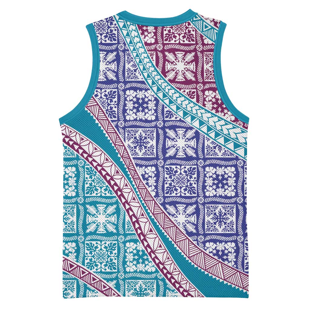 Hawaiian Quilt Pattern Basketball Jersey Purple Blue Color Mixed - Polynesian Pride