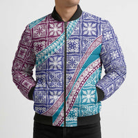 Hawaiian Quilt Pattern Bomber Puffer Jacket Purple Blue Color Mixed - Polynesian Pride