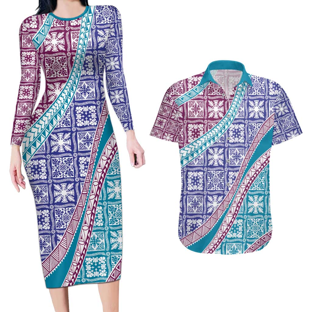 Hawaiian Quilt Pattern Couples Matching Long Sleeve Bodycon Dress and Hawaiian Shirt Purple Blue Color Mixed - Polynesian Pride