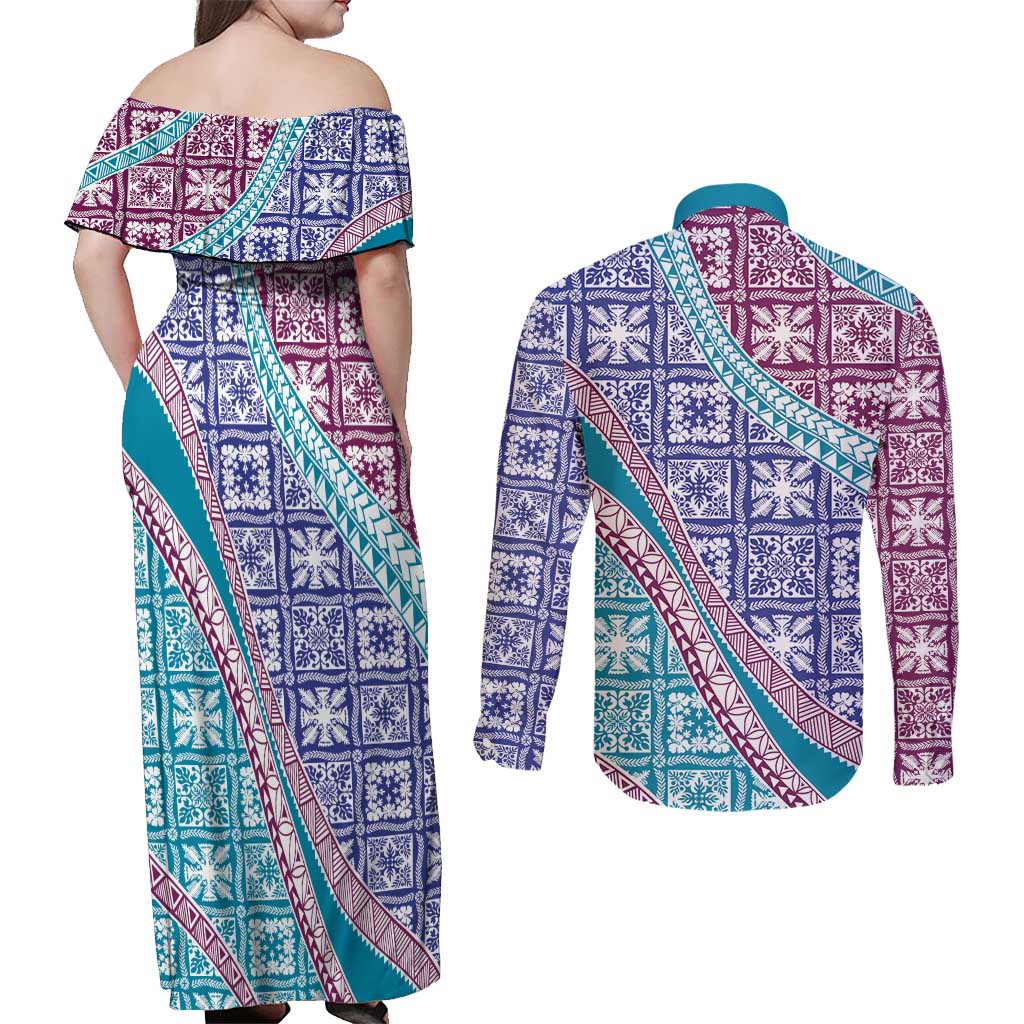 Hawaiian Quilt Pattern Couples Matching Off Shoulder Maxi Dress and Long Sleeve Button Shirt Purple Blue Color Mixed - Polynesian Pride