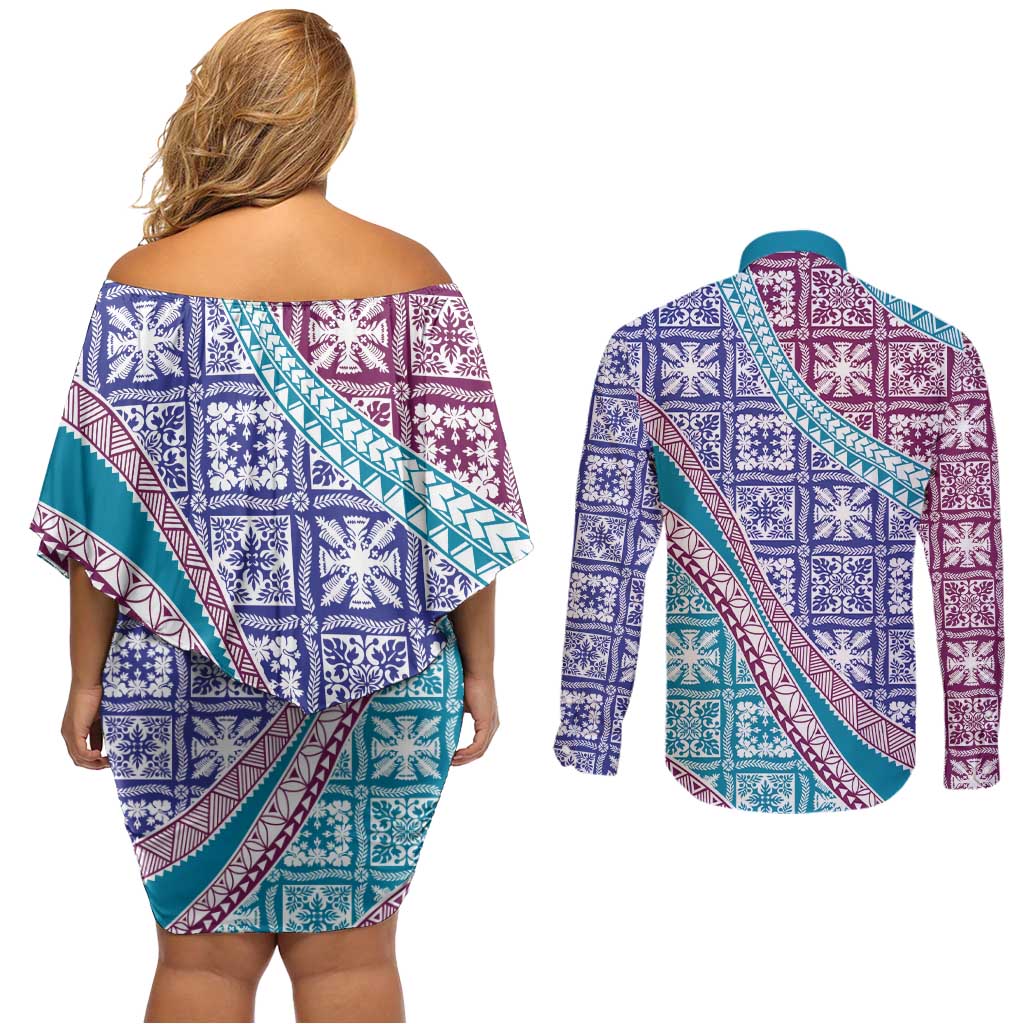 Hawaiian Quilt Pattern Couples Matching Off Shoulder Short Dress and Long Sleeve Button Shirt Purple Blue Color Mixed - Polynesian Pride