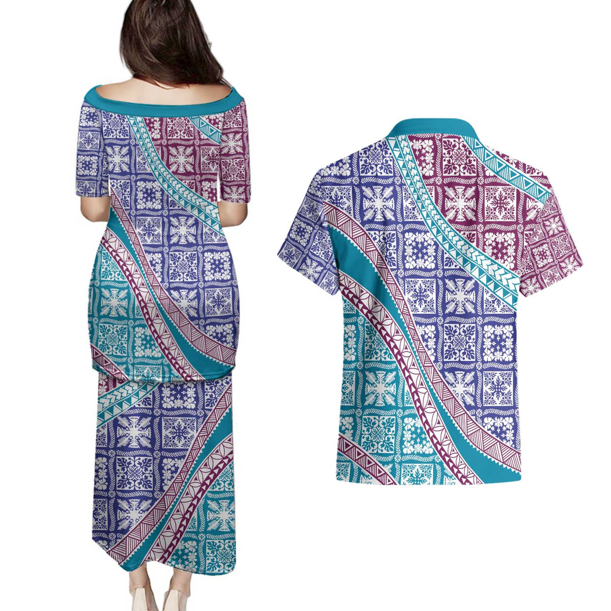 Hawaiian Quilt Pattern Couples Matching Puletasi and Hawaiian Shirt Purple Blue Color Mixed - Polynesian Pride
