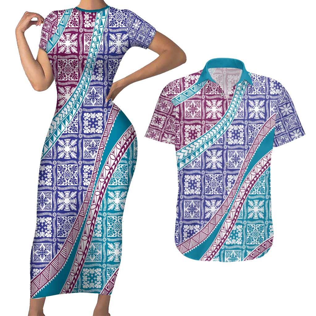 Hawaiian Quilt Pattern Couples Matching Short Sleeve Bodycon Dress and Hawaiian Shirt Purple Blue Color Mixed - Polynesian Pride