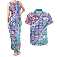 Hawaiian Quilt Pattern Couples Matching Tank Maxi Dress and Hawaiian Shirt Purple Blue Color Mixed - Polynesian Pride