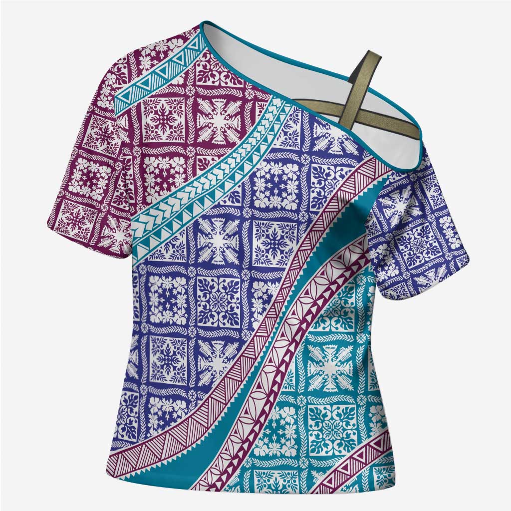 Hawaiian Quilt Pattern Cross Shoulder Shirt Purple Blue Color Mixed - Polynesian Pride