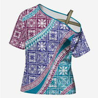 Hawaiian Quilt Pattern Cross Shoulder Shirt Purple Blue Color Mixed - Polynesian Pride