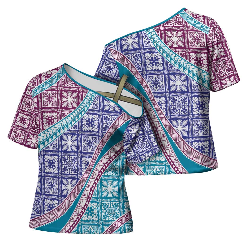 Hawaiian Quilt Pattern Cross Shoulder Shirt Purple Blue Color Mixed - Polynesian Pride