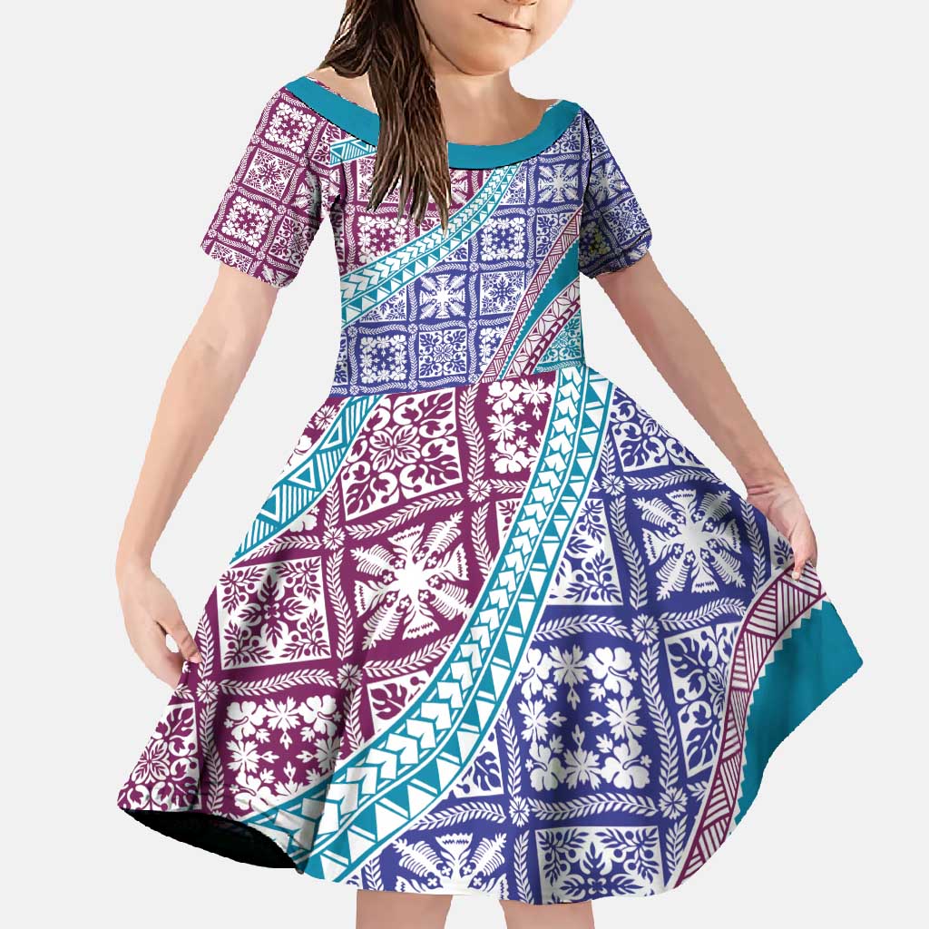 Hawaiian Quilt Pattern Family Matching Long Sleeve Bodycon Dress and Hawaiian Shirt Purple Blue Color Mixed - Polynesian Pride