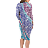 Hawaiian Quilt Pattern Family Matching Long Sleeve Bodycon Dress and Hawaiian Shirt Purple Blue Color Mixed - Polynesian Pride