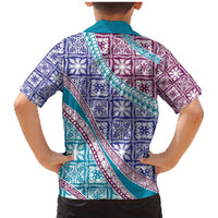 Hawaiian Quilt Pattern Family Matching Mermaid Dress and Hawaiian Shirt Purple Blue Color Mixed - Polynesian Pride