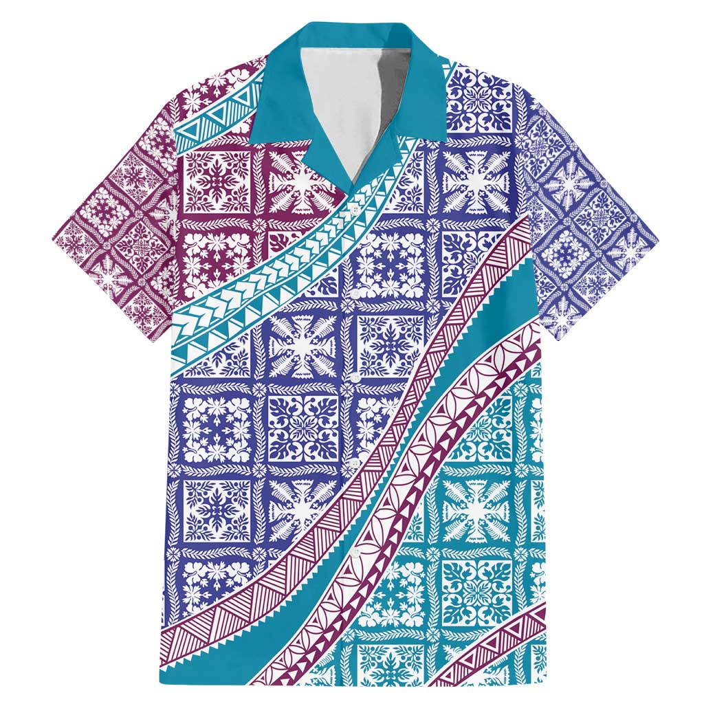 Hawaiian Quilt Pattern Family Matching Mermaid Dress and Hawaiian Shirt Purple Blue Color Mixed - Polynesian Pride