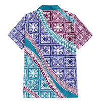 Hawaiian Quilt Pattern Family Matching Mermaid Dress and Hawaiian Shirt Purple Blue Color Mixed - Polynesian Pride